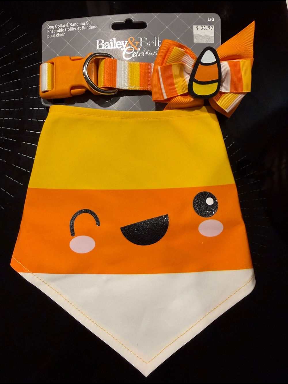 Pet Candy Corn Bandana Collar Set - Orange & Yellow, size Large